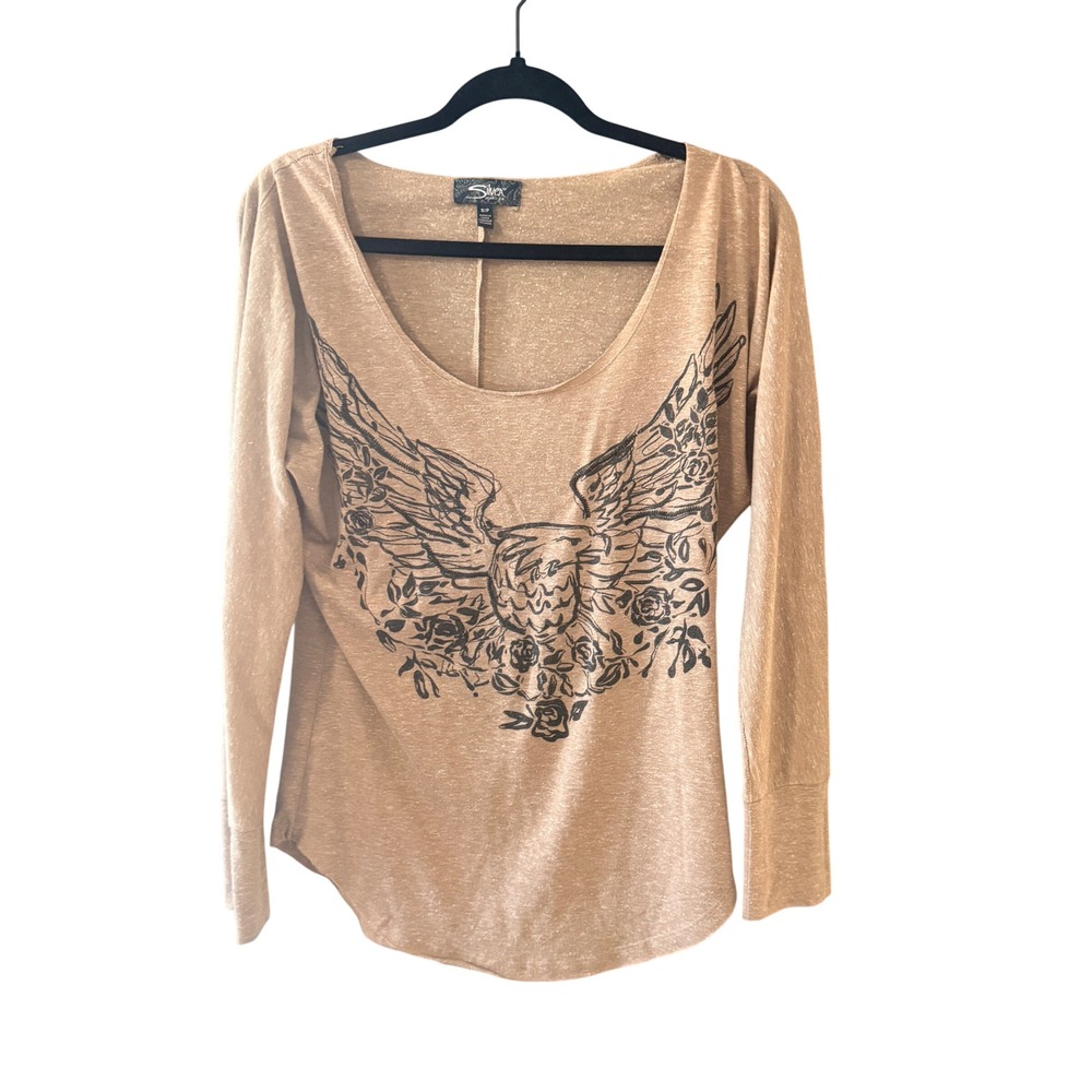Silver Jeans Co Womens Tan Eagle Rose Graphic Top S Wings Grunge Oversized